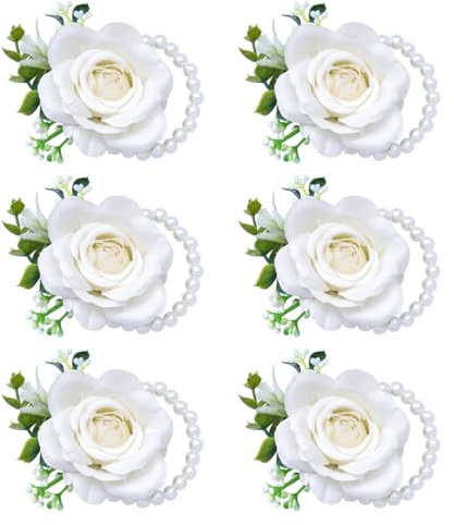Elfenbeinfarbene Rosen-Handgelenk-Ansteck-Armband für Damen, 6er-Set, Hochzeit, Braut, Brautjungfer, Handgelenk, Ansteckblumen, künstliche Blumen für Hochzeitszeremonie, Jahrestag, Abschlussball,