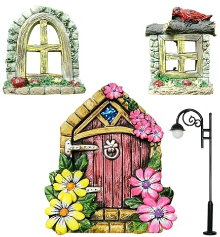 BSITSSS Älvdörr fönster och utomhusljus, älvdörrar för trädgårdsträd, miniatyr älva tomte hem fönster dörr, miniatyr älva trädgård utomhus dekor tillbehör passar för trädstatyer träd gård