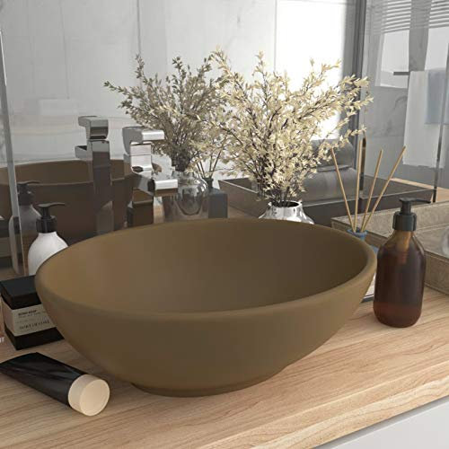 Xichuzi Lavabo de Lujo Ovalado cerámica Crema Mate 40x33 cm, Fregadero, Lavabo Baño, Lavamanos Baño, Lavatorio Casa De Banho, Mueble Lavabo sobre Encimera