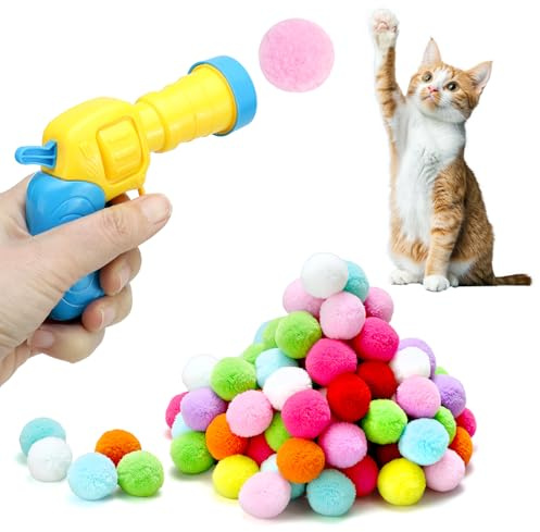 QWORK® Interaktives Katzenspielset, Katzenspielballwerfer mit 100 bunten Pompons, für das Indoor-Training und Verfolgen von Katzen