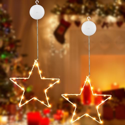 Joomer Stelle LED Luci Natale, 20 LED Batteria Luci Natale Finestra a Ventosa, 8 Modalità Stella di Natale Decorazioni Bianca Calda con Timer per Interni per Camera da Letto Finestra Albero (2 Pezzi)