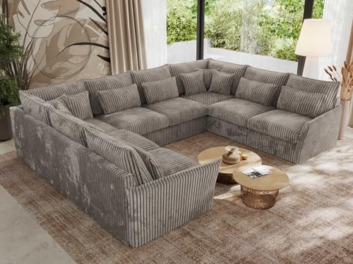MKS MEBLE Sofa U-Form, Wohnlandschaft, Couch, Ecksofa, Couchgranitur, Polsterecke, Big Sofa XXL, Polstergarnitur - Verso U 8M - Hellbraun Cord