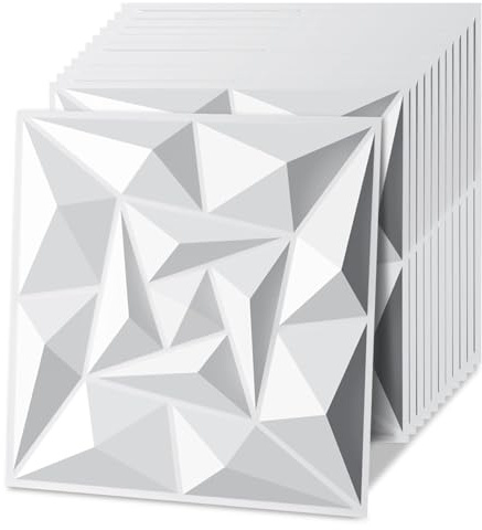 Jaxguom 3D Wandpaneele Diamant 24 Stück 30 x 30 cm (2.16m²), 3D Wall Panels Gaming Zimmer, Hochsteifes PVC Wanddeko Platten, Wasserfest, Matt weiß