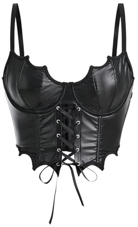 GORGLITTER Damen PU Leder Top mit Bügel Y2K Gothic Korsett Top Spaghettiträger Sommertop mit Schnürung Rave Outfit Partytop Western Outfit