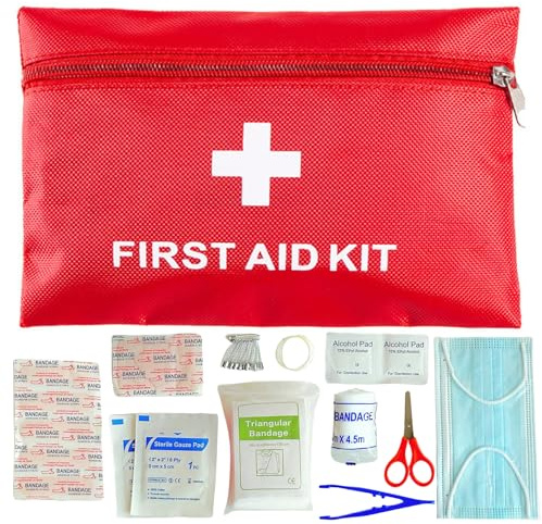 SSKHE Mini kit di pronto soccorso, 20 x 14 cm, custodia compatta rossa, 12 elementi essenziali per kit di primo soccorso, viaggi, appassionati di attività all'aperto (escursionismo, campeggio