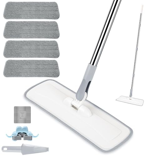 wlich Microfiber Mop for Cleaning Floors,55 Inch Extendable Flat Mop with 4 Reusable Washable Pads, 1 hook, 1 wall piece, and 1 scraper, Wet Dry and Dust Mops for Bathroom Kitchen, Floor,Ceramic Tiles