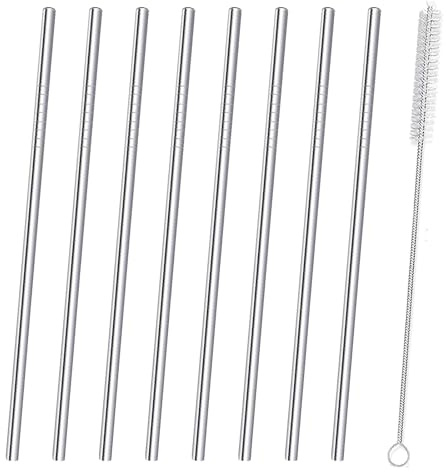 Stainless Steel Metal Straws Drinking - 8 Pcs Reusable Straws with Cleaning Brush - Straight Metal Straw 20oz Tumblers, Iced Coffee, Juice, Cold Beverages