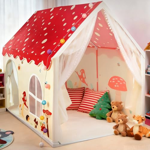 eSynic Extra Large Kids Indoor Playhouse Tent with Lights & Windows Portable Play Tents Wendy House with Non-Slip Mat Girls Boys Kid Den House Gift for 3-12 years old -160 L x 105 W x 128 H cm
