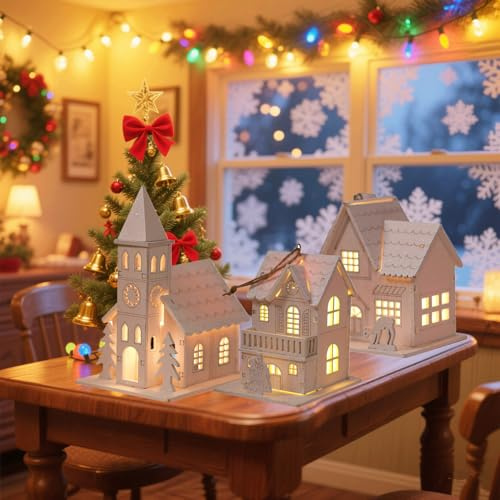 Weihnachtsdorf Mit Beleuchtung, Weihnachtsdeko Wichtelhaus Mit Licht Aus Holz, Batteriebetrieben Weihnachtsdeko Holz Weihnachtsstadt Beleuchtet, Winterdeko Weihnachtshaus Für Verschiedene Anlässe (SET