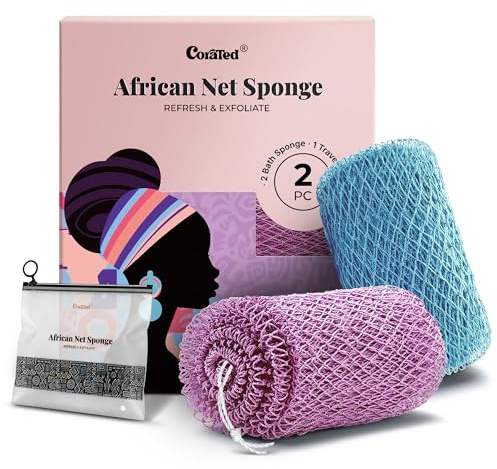 CORATED 2 Pièces de Filet à Bain Africain, Eponge à Bain pour l'Exfoliation du Corps, Gant à Exfolier le Dos – Produits de Nettoyage Beauté pour la Douche/SPA (Violet Clair et Bleu Clair)