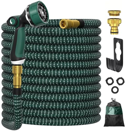 Ultty Manguera Jardín Extensible 30 m, Garden Hose Flexible con Pistola de Riego 10 Funciones, Conectores de Latón 1/2 y 3/4, Antitorsión y Antifugas, Ligera para Jardín, Terraza, Huerto – Verde