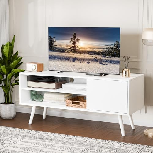 AUREUM OPAL TV Schrank, Lowboard für Fernseher bis zu 50 Zoll, mit 2 offenen Fächern unten und einem Schränkchen mit Tür, Fernsehtisch für Wohnzimmer, Esszimmer, Schlafzimmer (Weiß, 110 cm)