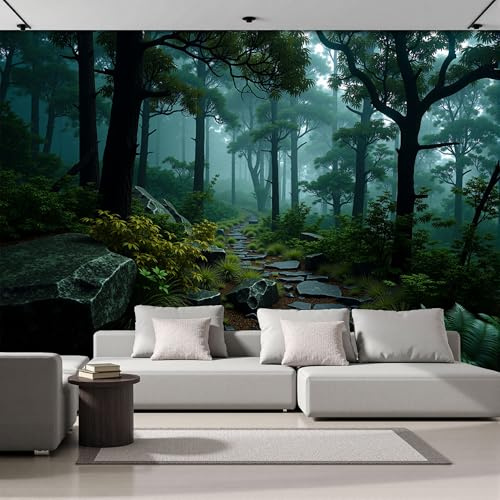 Papel Pintado Panorámico 250An×175Al cm Camino Sinuoso Piedra Tejido No Tejido Papel Tapiz Fotomurales,Decoración De Pared Naturaleza Bosque Murales Diseno Fotográfico Dormitorio Salón Verde