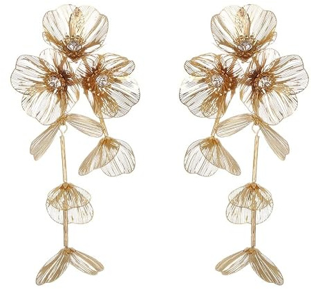 Boucles d'oreilles pendantes florales dorées pour femme, grandes boucles d'oreilles chandelier bohèmes, design floral en métal pour fête de mariage, bijoux vintage lourds