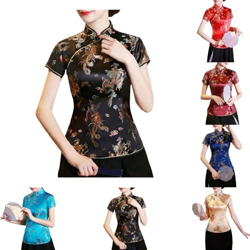 Chemise chinoise Cheongsam pour femme, manches courtes, col mandarin, imprimé dragon et phénix, chemisier ethnique, vêtements traditionnels, aspect soie élégant, mode asiatique festive, Noir , M