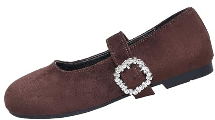 Ballerine Mary Jane da donna, casual, punta tonda, in pelle scamosciata, con cinturino in strass lucidi, per feste di nozze, Marrone, 40 EU