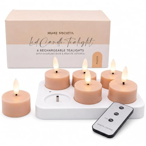 Alluvo LED Teelichter 6er Set Pfirsich mit USB-C Ladestation, Timer & Fernbedienung