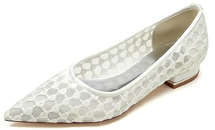 Yhsdfcn Spetsig Tå Mesh Ballerinaskor Dam Hål mönster Blomma Blockklack Eleganta Platta Skor,Ivory,39 EU