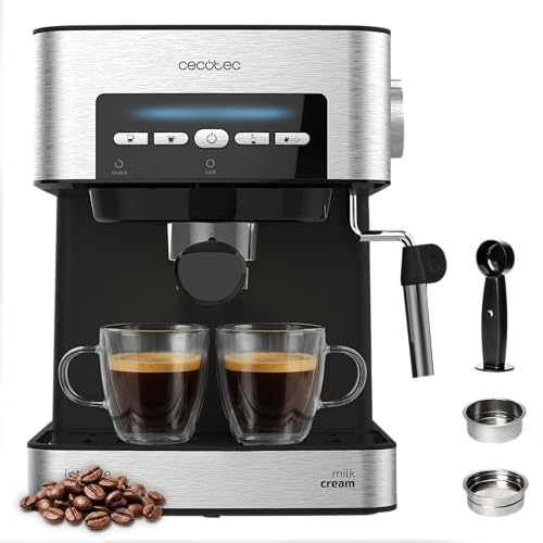 Cecotec Macchina da Caffè Espresso Power Espresso 20 Matic Elite. 850 W, Pressione 20 bar, Serbatoio da 1,5 L, Montalatte Orientabile, Controllo Digitale, Modalità Auto, Acciaio