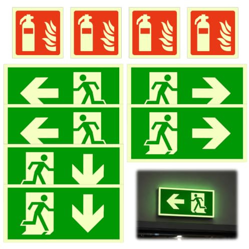 6 Pcs Señal Salida Emergencia 30 x 15 cm + 4 Cartel Extintor 10 x 10 cm | Autoadhesivas, Luminosas, PVC, Señal de Evacuación, Izquierda, Derecha e Debajo, para Exterior Interior
