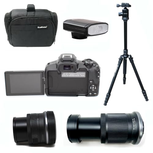 KamKorda Camera Bag + Flash + Tripod + R50 Mirrorless Camera + RF-S 18-45mm + RF-S 55-210mm STM lenses, 24.2MP APS-C CMOS Sensor, UHD 4K Video + 2 Year Warranty