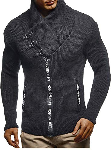 Leif Nelson Giacca Uomo in Maglia Cardigan Collo a Scialle LN-5465 Nero Antracite Small