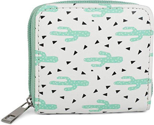 styleBREAKER Damen Mini Geldbörse Kaktus Kunstleder, Weiß-Mint | Kompakte 10x10x2,5 cm, umlaufender Reißverschluss, 4 Kartenfächer, 2 Fächer für Scheine oder Münzgeld, leicht zu reinigen.