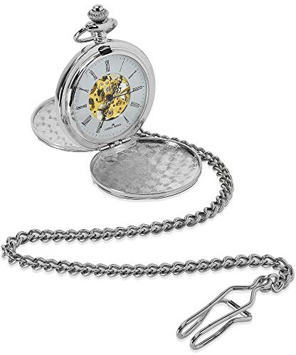 Charles Hendon Personalised Mechanical Pocket Watch - Engraved Silver Double Hunter Pocket Watch with Chain - with a Blue Satin Lined Gift Box - Wedding Gift, Custom Birthday Gift (Silver)