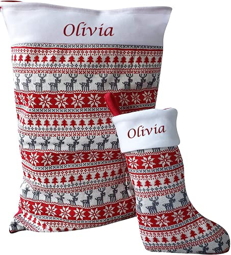Hoolaroo Christmas Santa Sack & Stocking Set Personalised Nordic Knit Red/Silver 70cm Xmas Stocking for adults Present Gift Set