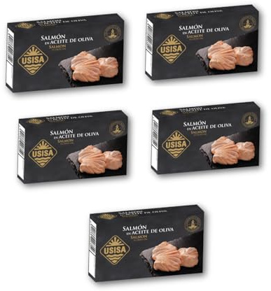 USISA - Conserva de Pescado | Delicioso Salmón en Aceite de Oliva - Pack de 5 Latas de 85 g cada una | Rico en Omega-3 y Listo para Disfrutar.