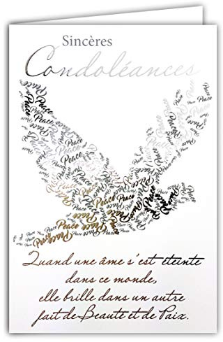 64-1074 Carte Sincères Condoléances avec Enveloppe Blanche - Décès et Deuil - Cérémonie Funéraire -Texte Argenté Qui Brille Colombe Paix Ame - Fabriquée en France