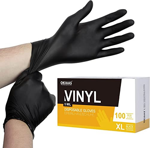 OKIAAS Guantes desechables negros XL | Guantes de vinilo sin látex para el hogar, manipulación de alimentos, trabajos de laboratorios y más | Grandes, 100 unidades/caja