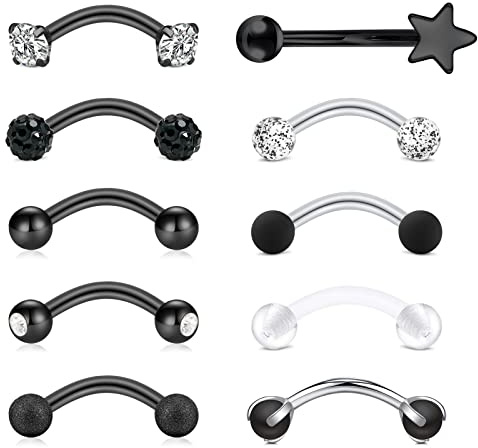 Rajnard 10Pcs Piercing Sopracciglio 16G 8mm Acciaio Chirurgico con Perle di Diamanti Cuore Star Daith Rook Argento Nero