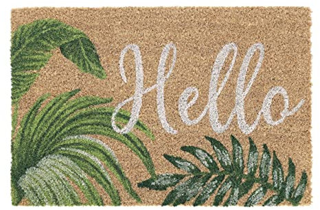 Relaxdays Fußmatte Kokos, Hello Schriftzug, Fußabtreter 40 x 60 cm, wetterfest, Türvorleger innen & außen, Natur/grün