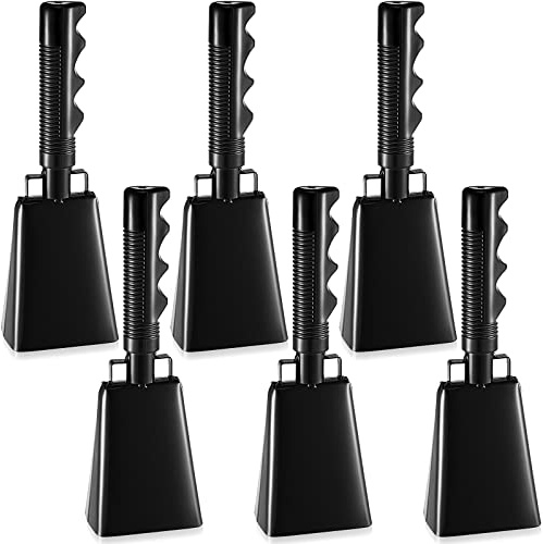 Reginary 6 Pack Cowbells Bulk Black Cow Bell with Handle Cheering Hand Bells Steel Noise Maker Loud Cowbell Alarm for Sporting Events Football Games Stadium School Graduation Parties (9 Inch)