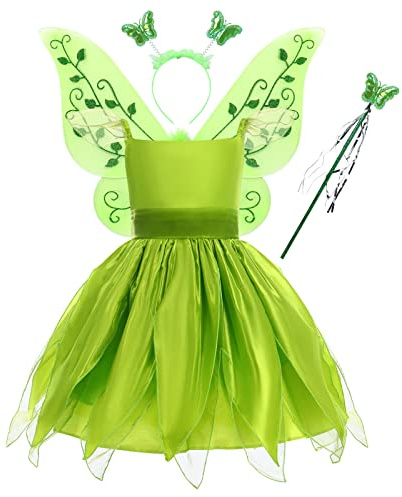 Odizli Tinkerbell Kostüm Mädchen Kinder Prinzessin Tüll Kleid+Schmetterlings Feenflügel+Zauberstab+Haarreifen Geburtstagsfeier Halloween Weihnachten Karneval Cosplay Ankleiden Feenkostüm