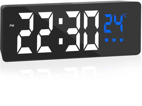 Jsdoin Digitaler Wecker, großes LED-Display mit Temperaturanzeige, Nachttischuhr, USB/batteriebetrieben, mit 3 Weckern, 12/24 Stunden, automatisches Dimmen bei Nacht, Sprachsteuerung