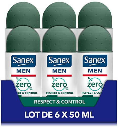 SANEX - Déodorant à Bille 0% Men Respect & Control - Déodorant Homme - Efficacité 24h - Sans Alcool, Sans Sels d'Aluminium - Lot de 6 Roll-On de 50mL