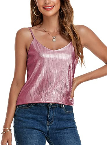 VIDUSSA Femme Débardeur Paillettes sans Manche Brillant Soiree Bal Danse Col V Chemise Cami Tops Shirt Hauts Rose L