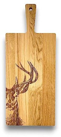 Massivholz Servierbrett aus hochwertiger Eiche | Antibakteriell | Schneidbrett, Küchenbrett aus Holz | Mit Griff | Servierplatte | (Hirsch, 48 x 20 cm)