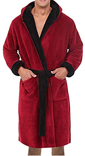 OBiQuzz Albornoz largo para hombre de alta calidad, albornoz para sauna, cuello chal, extra suave, ropa de noche y bañador, albornoz largo con bolsillos, unisex, tallas S-5XL, rojo, M