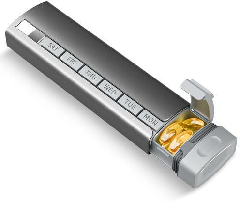 Betife Metall Medikamentenbox 7 Tage，Aktualisierte Tablettenbox 7 Tage, Pillendose für unterwegs, Pillenbox Reise Groß, Zweischichtig-Innenbehälter aus ABS und Schale aus Aluminiumlegierung (Grau)