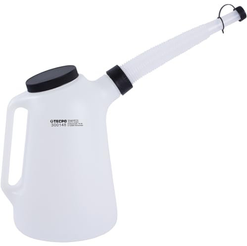 TECPO Ölkanne 5 Liter aus PE, mit Ausgussrohr, Schraubdeckel & Messskala in 0,5 Liter-Schritten, ideal für Motoröl, Bremsflüssigkeit & Batterieflüssigkeit, robust aus Polyethylen, leicht & transparent