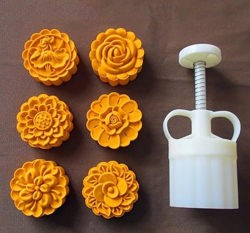Cookie Stamp 6pcs Moon Cake Molds Flower Mooncake Mould,Thickness Adjustable Mid Autumn Festival DIY Hand Press Cookie Dessert Cutter Pastry Decoration Tool Maker,30g/50g/63g/75g