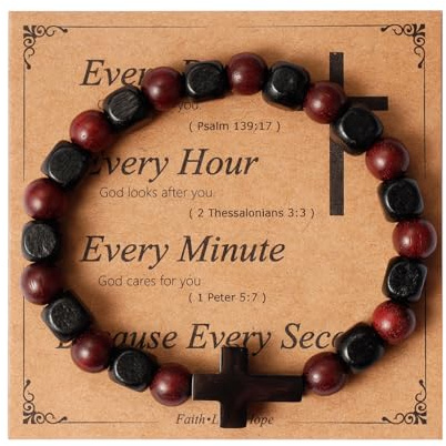 Eigso Bracelets Croix Homme Chapelet Catholique pour Homme Christian Cross Bracelets for Men Bois Perles Bracelet