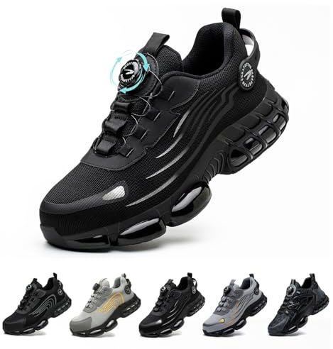 Gugifcto Zapatos de Seguridad para Hombre Mujer Puntera de Acero Zapatillas Trabajo Transpirable Ligero Liberación Comodo Rápida Calzado de Seguridad Black 42 EU