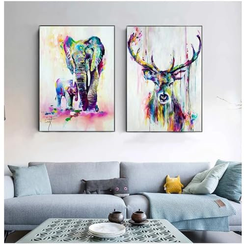 NXMYDBD Aquarell-Tiere, Leinwandkunst, Wandgemälde, Elefant und Hirsch, abstrakte Graffiti-Kunstdrucke, Kunstwandposter für Kinderzimmer, 60x80cm (24x31 Zoll) x2, ungerahmt