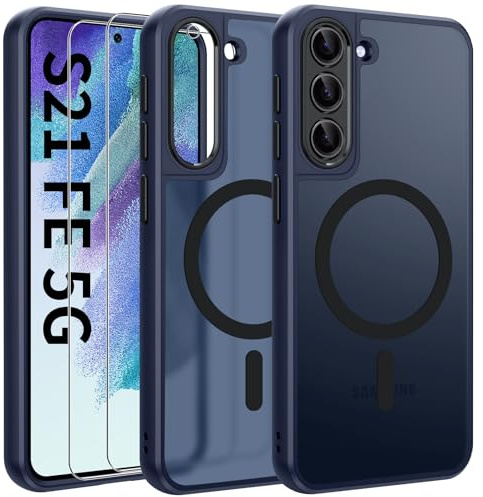 Opkiegrn Magnetisch HandyHülle Kompatibel mit Samsung Galaxy S21 FE Kompatibel mit MagSafe mit 2 Schutzfolie,Vollständiger Kameraschutz, Stoßfest Dünn Durchscheinende Matt SchutzHülle (Blau)