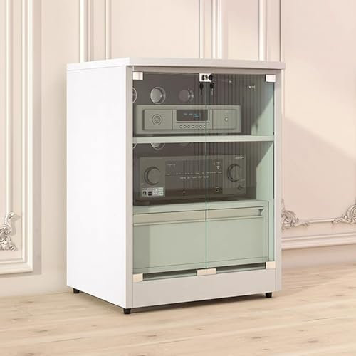 GUAWJRZDP Audio Rack Hi Fi Regal mit Stauraum, Phonoschrank Mit Verstellbaren Regalen, Plattenspieler Regal mit Glastüren, Holz Hi Fi Regal mit Klappdeckel(Wit,2-Tier)