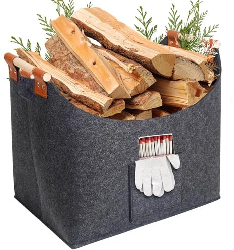YeaHapiday Cesto in Legno per Legna da Ardere - Borsa Grande in Feltro Robusto 50L per Spesa, Giornali - 45 x 32 x 40 cm, Grigio Scuro